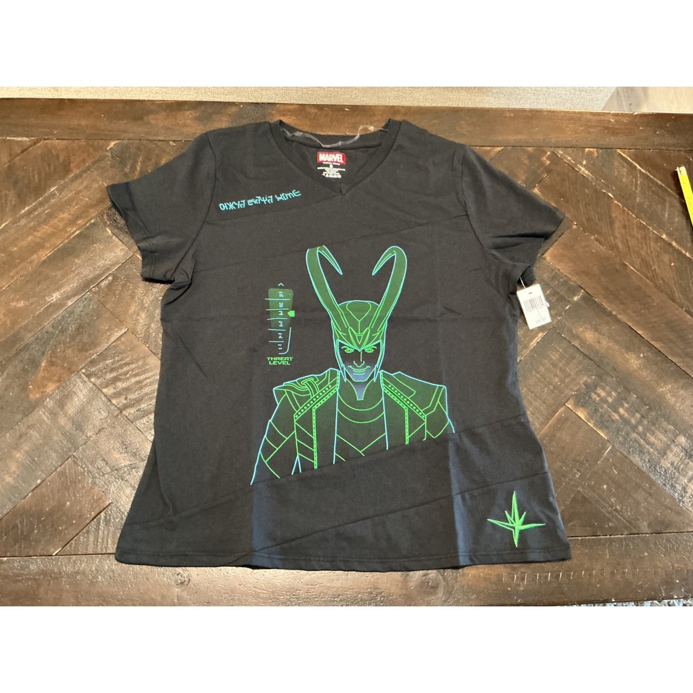 Disney Parks Marvel Loki Threat Level Graphic V-Neck T-Shirt Black Womens Small